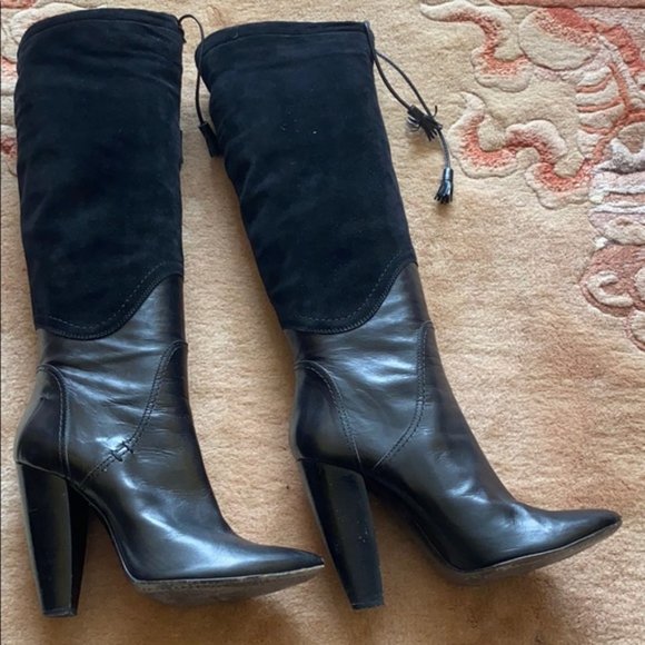 Costume National Black Leather Shearling Pull On High Heel Boots Made in Italy - Picture 2 of 13